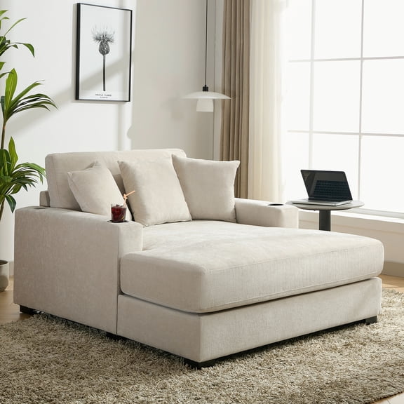 New 55" Oversized Chaise Lounger Modern Style Sofa Couch ,with Pillows, Charge Station & Cup Holders, Chenille Fabric, Cream