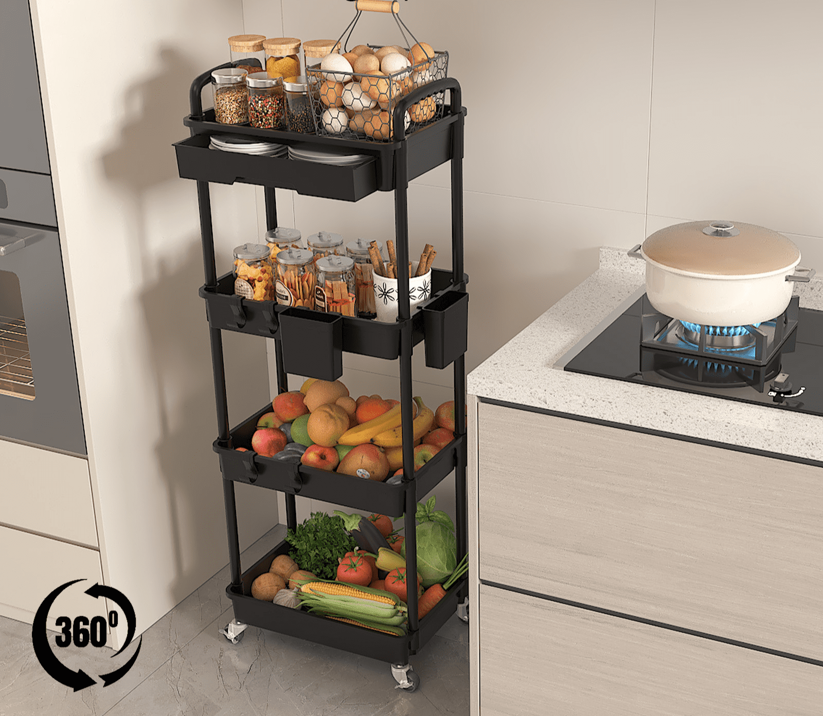 LLMRR 4 Tier Rolling Utility Cart with Drawer, Cart with Drawer & Handle, Bathroom Cart Organizer, Rolling Storage Cart with Drawer, Rolling Cart with Lockable Wheels for Kitchen, Office, Black