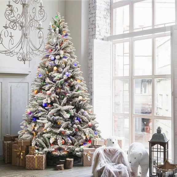 7.5FT Pre-lit Christmas Tree, Artificial Snow Flocked Full Prelighted Tree with 480 LED Lights and 1117 PVC Branches Tips, Foldadble Metal Tree Stand, Spruce Christmas Tree for Home, Office, Holiday