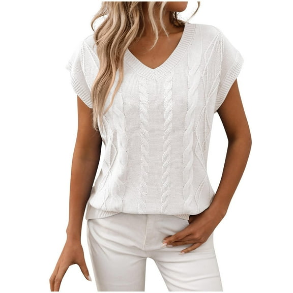 ZyeKqe Sweaters for Women Cap Sleeve Top Casual V Neck Tops Loose Fitted Knit Knit Blouses