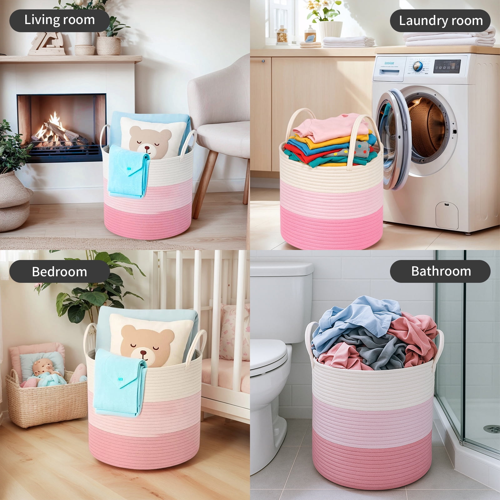 PinkSheep Laundry Basket, Collapsible Woven Cotton Rope Laundry Hamper Storage Baskets with Handles, Ivory & Pink