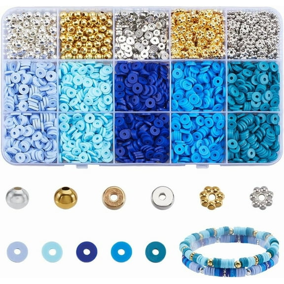 1 Box 2900Pcs Blue Clay Beads Bracelet Kit Friendship Bracelet Making Kit Flat Round Polymer Heishi Gold Silver Flower Spacer Beads for Jewelry Bracelets Making Accessories DIY Crafts Gifts