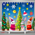 thumbnail image 1 of Adorable Christmas Shower Curtain with Cartoon Rabbits Decorating Trees - Festive Snowy Night Scene, 1 of 4