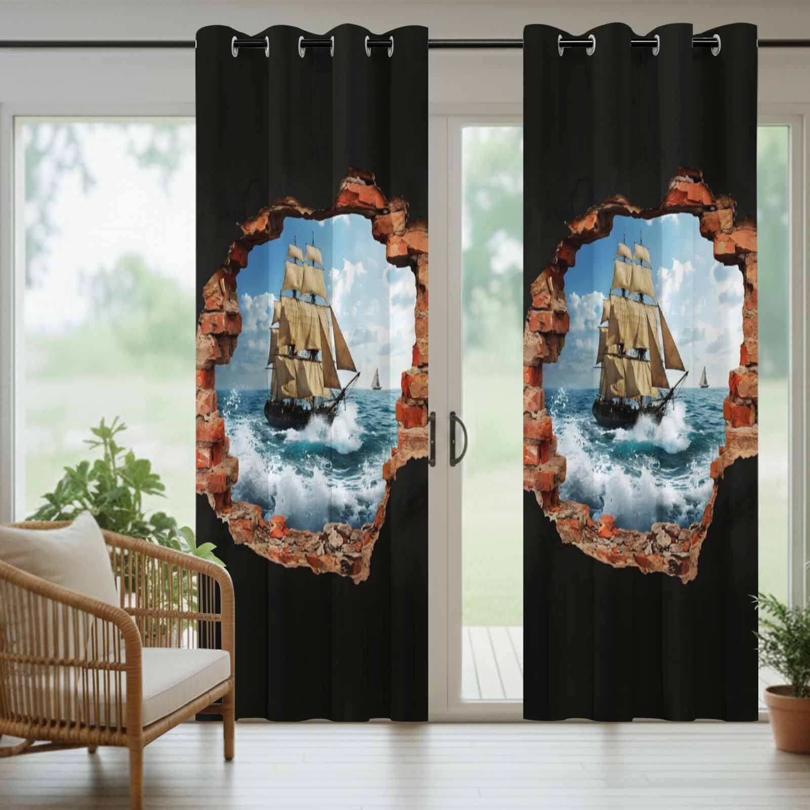 Sailing Ship Outdoor Curtains for Patio, Art Romantic Broken Brick Vintage Vessel Ocean Wave Sunshade Privacy Drapes Grommet Waterproof Outside Curtains for Porch/Cabana/Balcony 54"x 108", 1 Panel