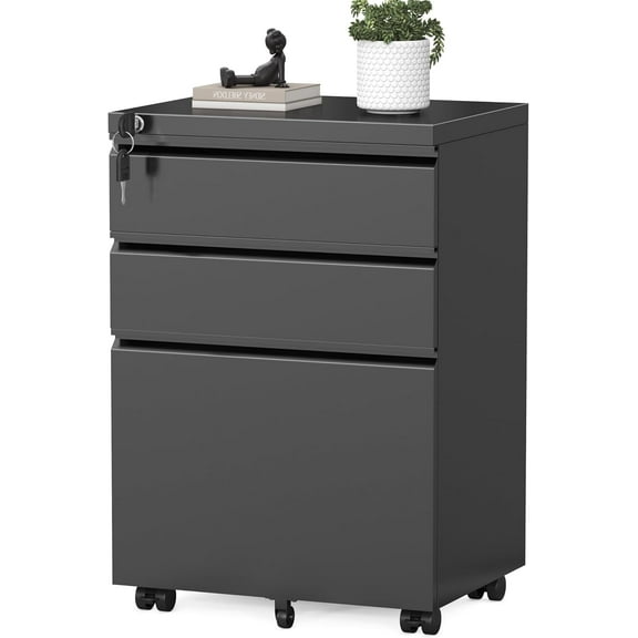 SUNCROWN 3 Drawer Mobile File Cabinet with Lock, Metal Filing Cabinet on Wheels, Under Desk File Cabinet for Home Office Organizer Letter/Legal/A4 File (Assembly Required, Black)