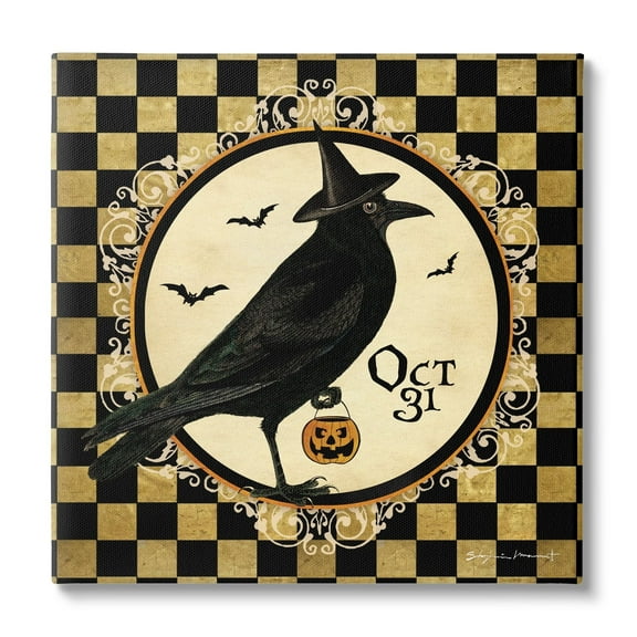 Stupell Industries Oct 31 Checkered Halloween Crow Holiday Painting Gallery Wrapped Canvas Print Wall Art