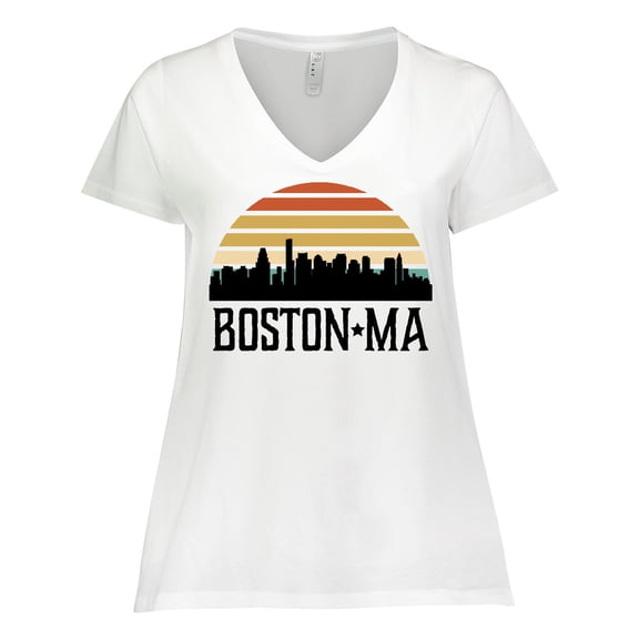 Inktastic Boston Massachusetts Skyline Sunset Women's Plus Size V-Neck T-Shirt
