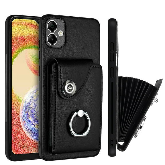Wallet Case Compatible for Samsung Galaxy A05 with Card Holder, Rotation Finger Ring Kickstand Card Slots Case, Classic PU Leather Shockproof Magnetic Button Cover for Galaxy A05, Black