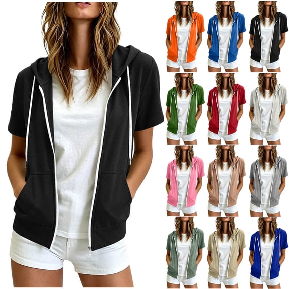 YOIAVAIOY Women's Lightweight Zip Up Hoodie Short Sleeve Sweatshirt Jacket with Pockets for Everyday Casual Wear and Traveling Outdoor Activities Orange M