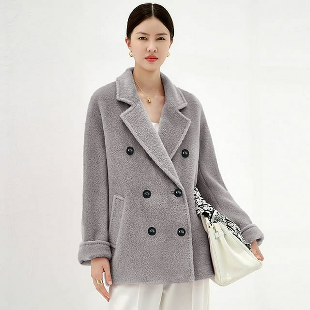 QueenLine High-end 100% Alpaca Loose Short Black Thickened White Warm Jacket Double Breasted Commuter Coat