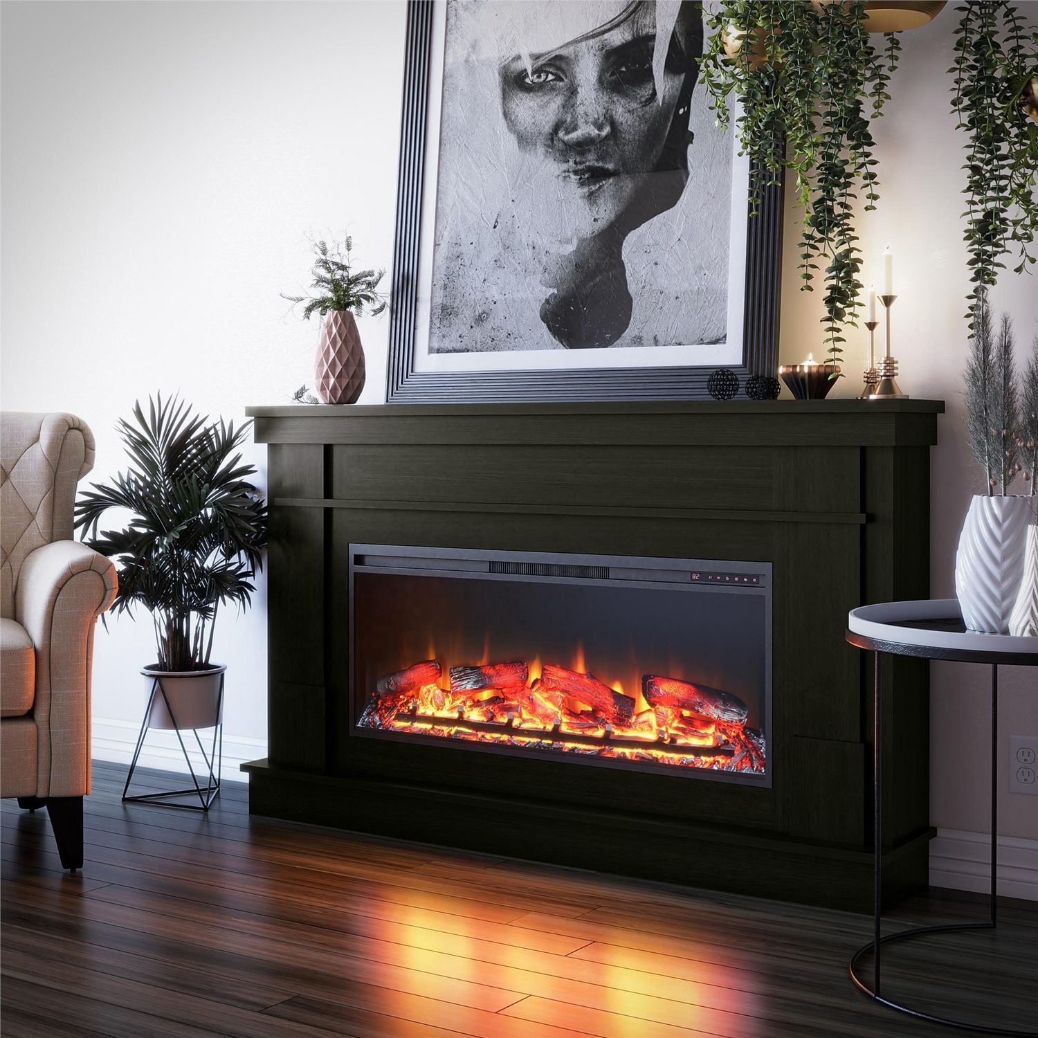 Large manteau de cheminée avec foyer électrique linéaire Elmcroft d’Ameriwood Home, gris rustique