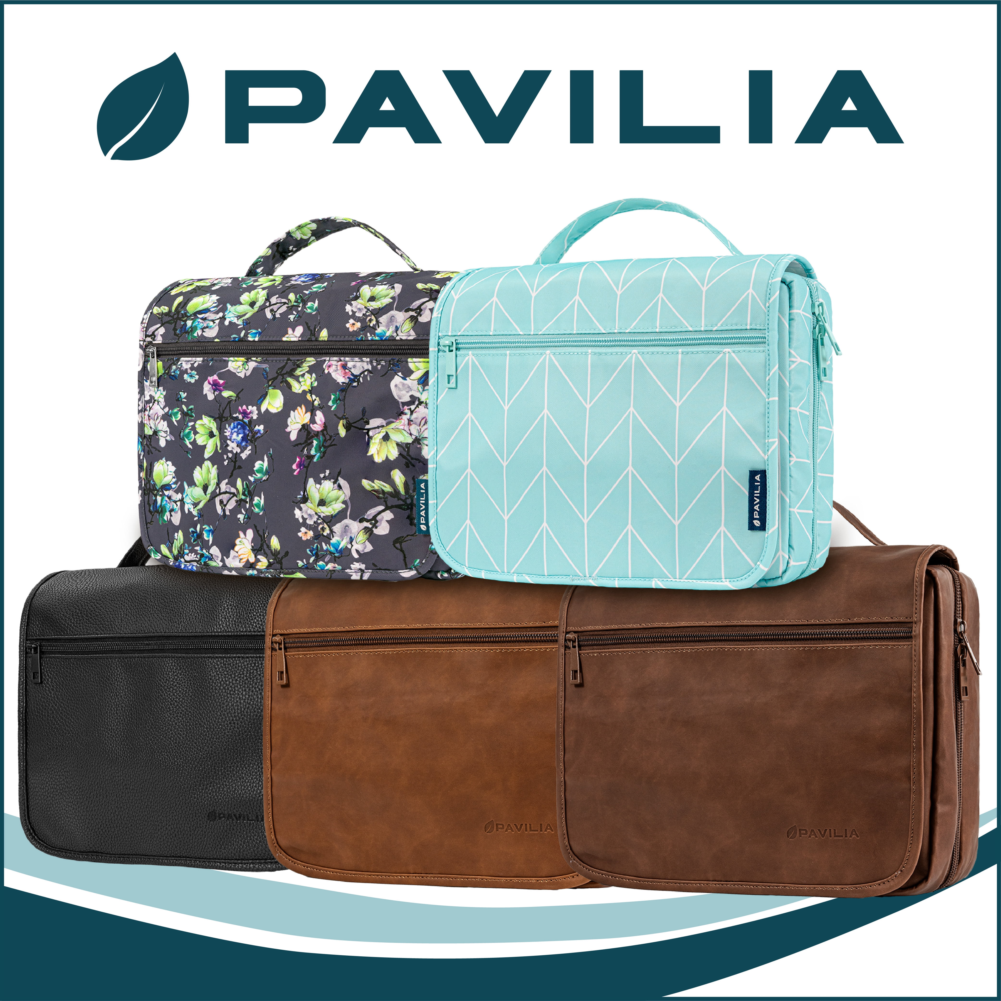 PAVILIA Hanging Toiletry Bag Women Men, Foldable Cosmetic Organizer Travel Bag, Water Resistant Makeup Bag Toiletries, Large Travel Essentials Kit (Dark Brown)