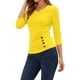 thumbnail image 4 of Blusa de mujer con fruncidos Inspire Chic, decoración de botones, cuello en V, manga 3/4, top de punto sólido, tamaño M, color amarillo limón, 4 of 6