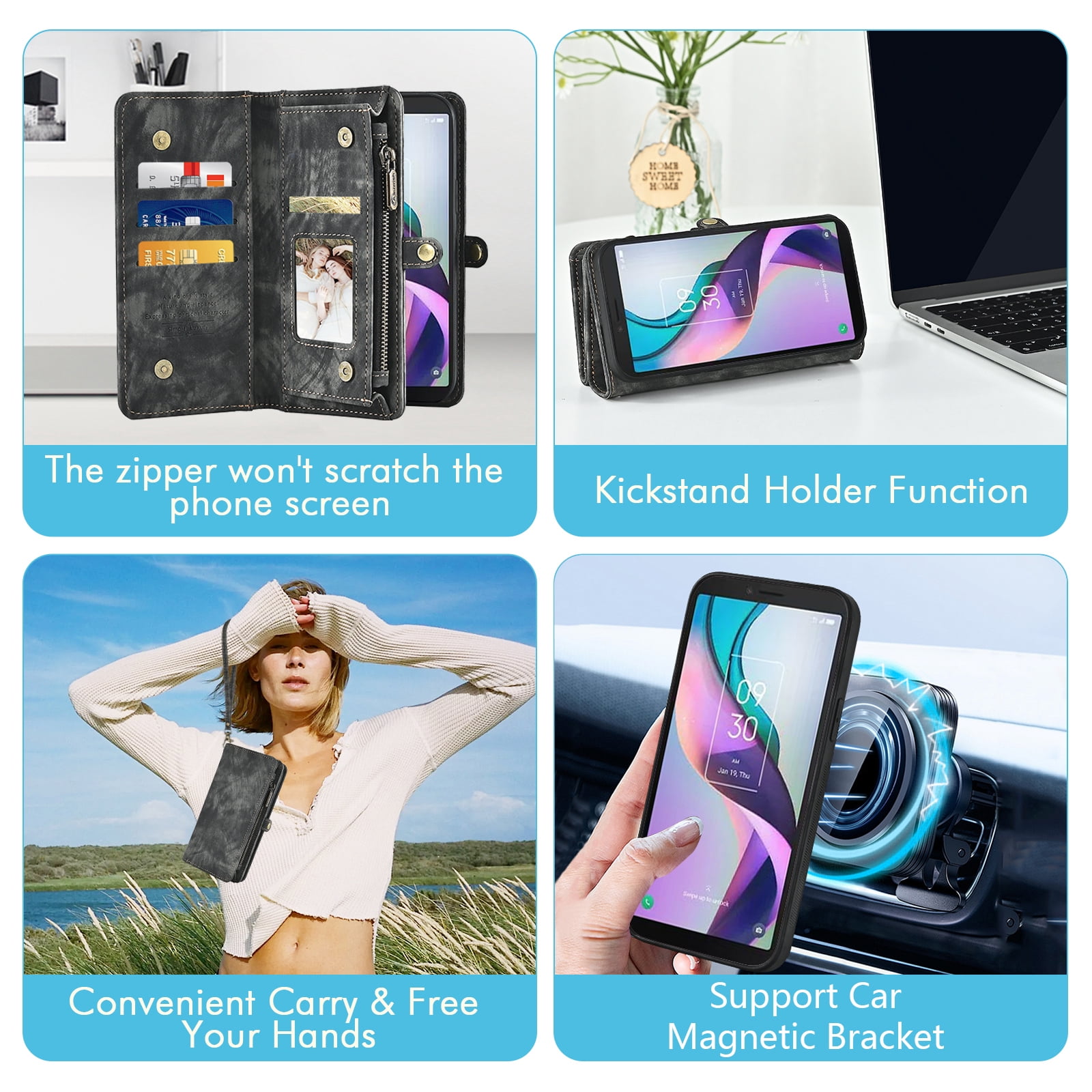 Asuwish Phone Case for Metro TCL Ion X/Ion V/40Z T607DL Zipper Wallet Detachable Cell Cover with Tempered Glass Screen Protector Crossbody Strap Flip Card Holder Slot IonX T430W IonV 2023 Women Black