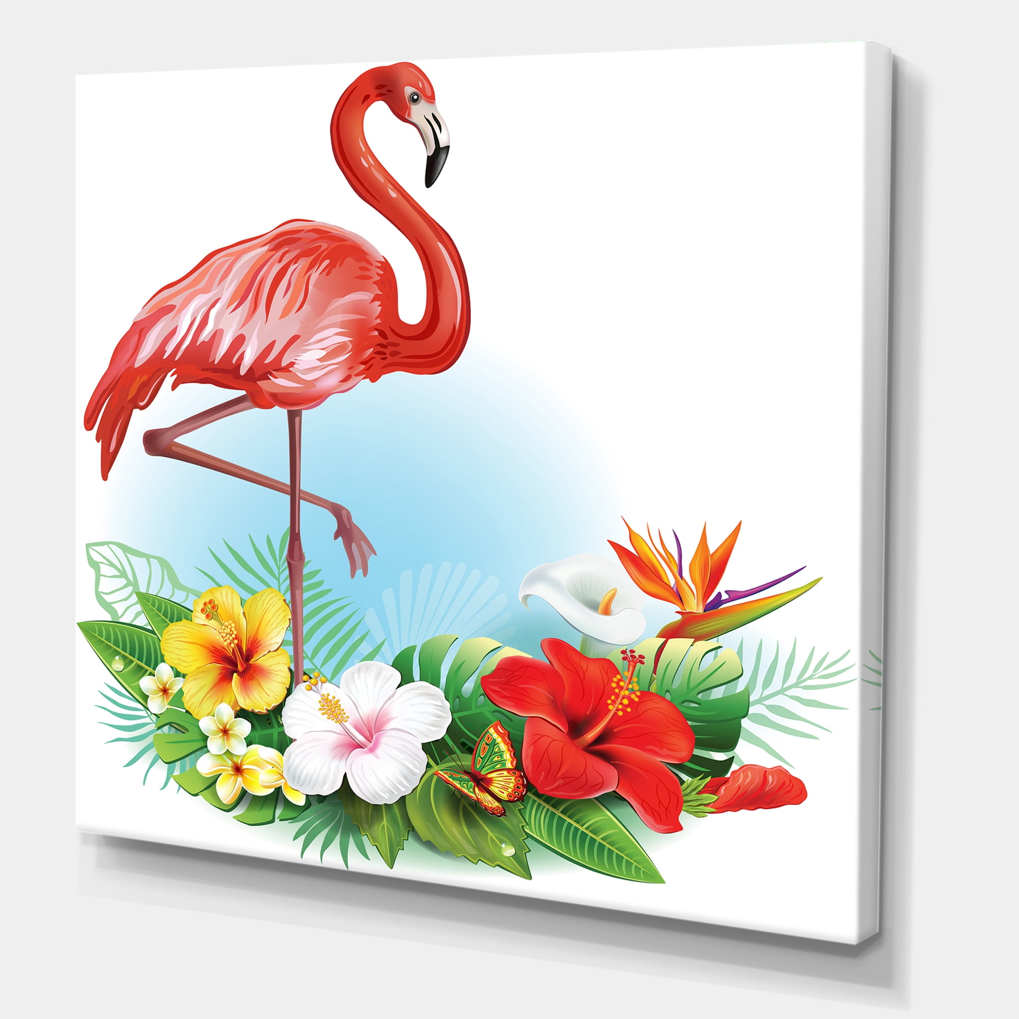 Designart ' Arrangement with Flamingo and Tropical Flowers ' Traditional Canvas Wall Art Print