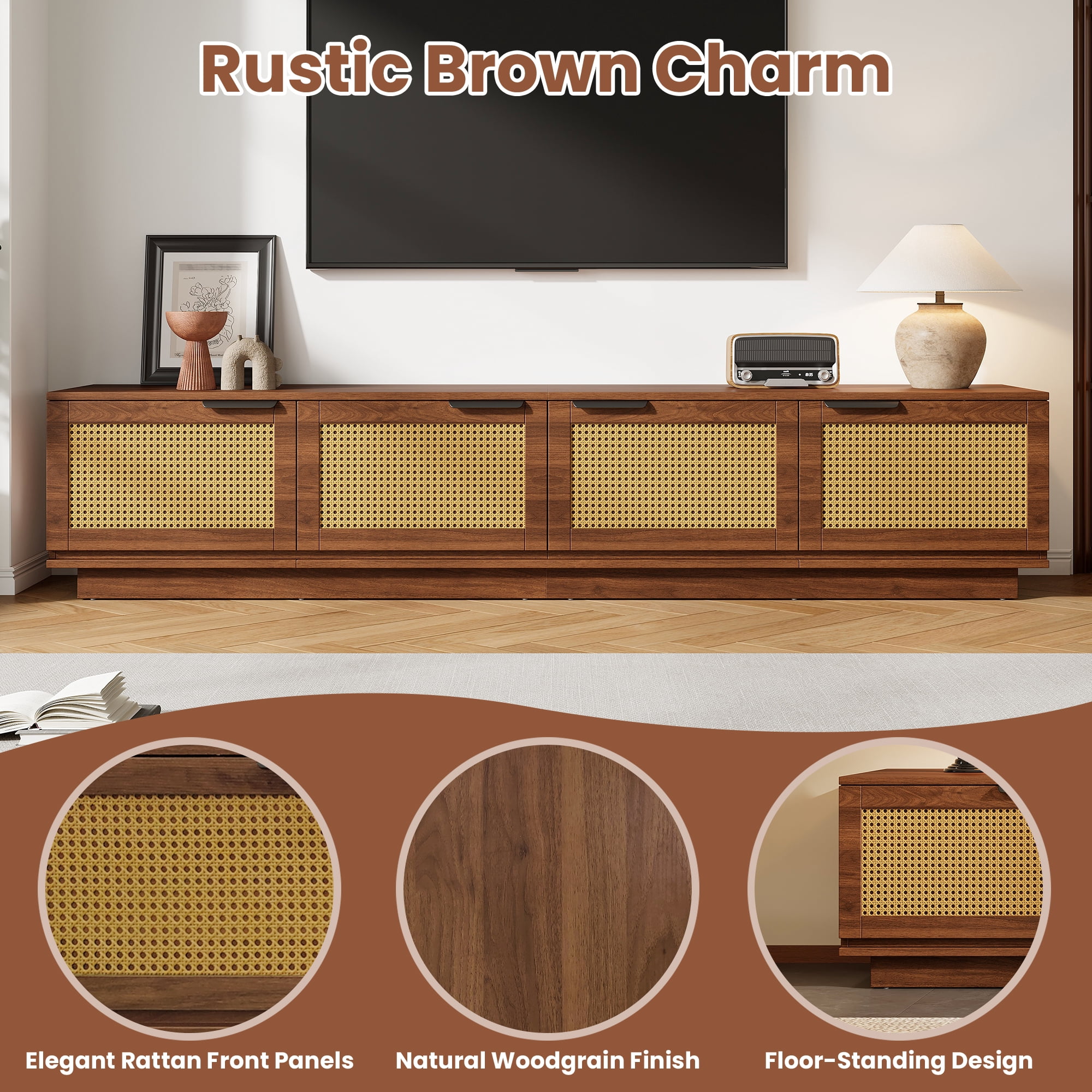 TV Stand for TVs up to 85 Inch, Rattan Media Console with 4 Storage Cabinets, Entertainment Center with Soft-Close Hinges for Living Room