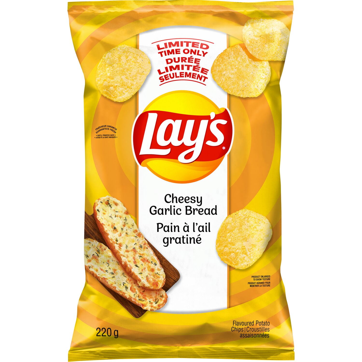 Lay's Cheesy Garlic Bread flavoured Potato Chips, 220 g.
