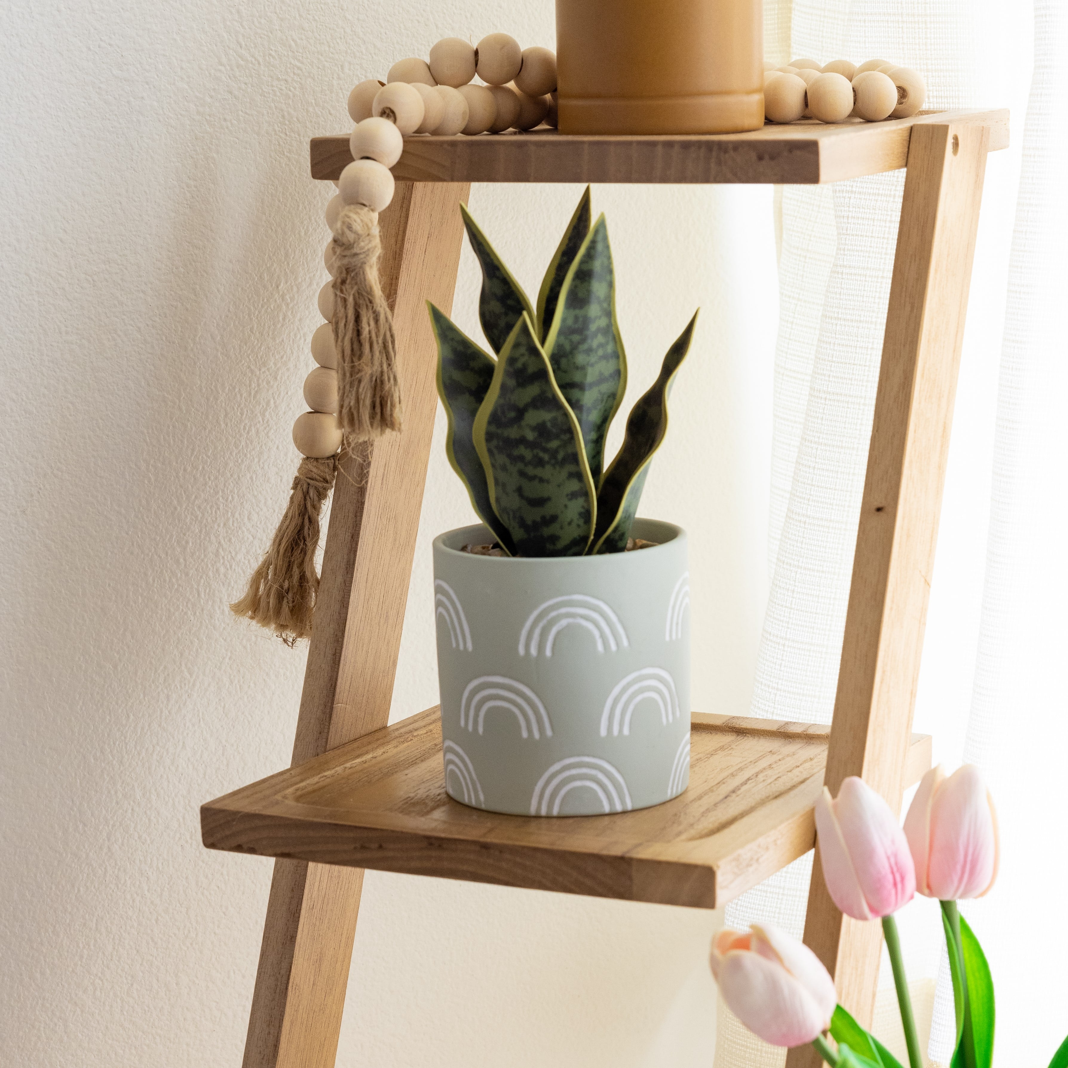 Mainstays 4 in Tabletop Artificial Snake Plant in Rainbow Print Terracotta Pot, Sage