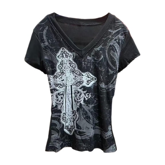 DHFJKG V Neck T Shirts For Women Gothic Graphic Tee Short Sleeve Casual Summer Slim Fit Stretchy Tshirt Streetwear Stylish Tops