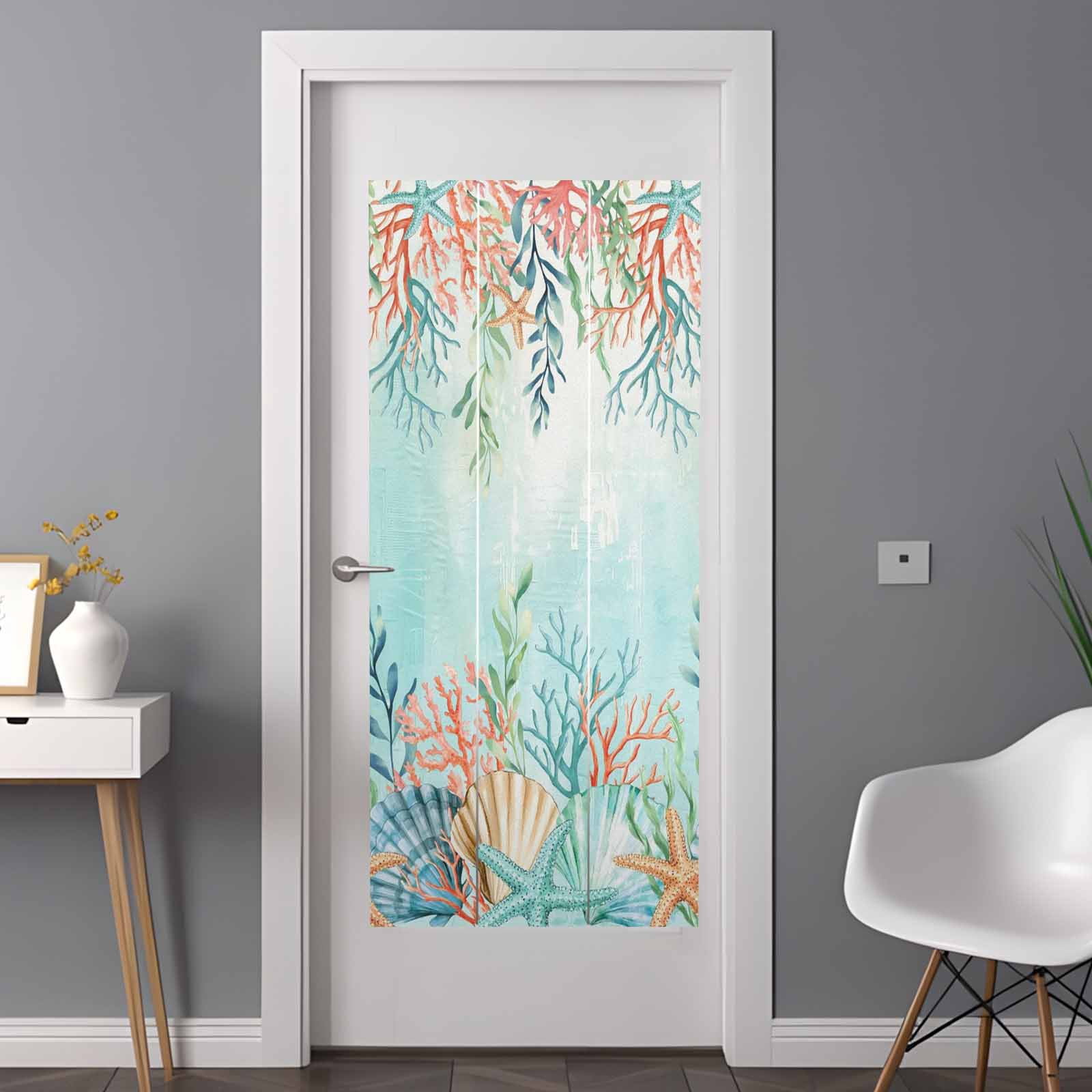 Ocean Starfish Seaweed Window Privacy Film, Summer Coastal Beach Shell Coral Teal Static Cling UV Sun Blocking Heat Control Window Tint Day and Night, Non-Adhesive One Way Privacy Cover 35.4''x78.7''