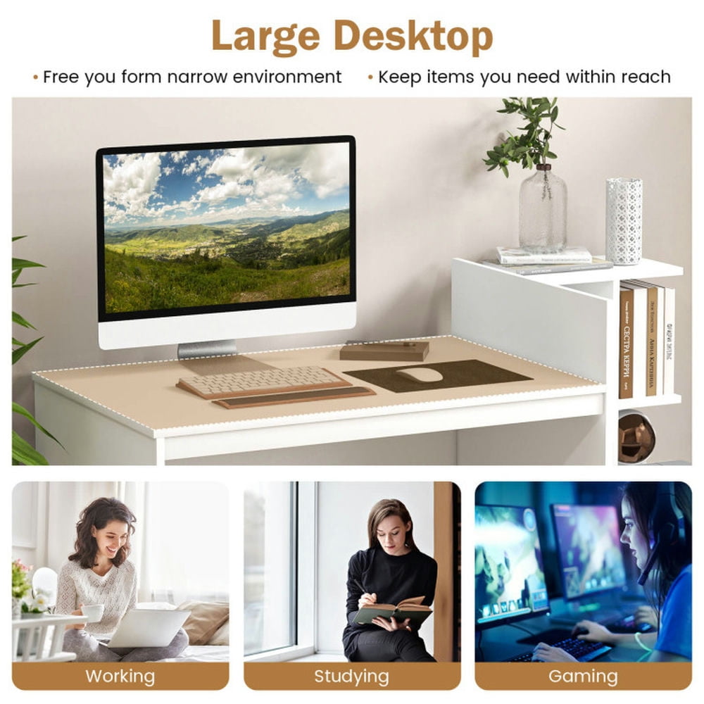 Demi Bonn Computer Desk Home Office with Bookshelf and Drawers, Small Home Office Desk Study Writing Table, White