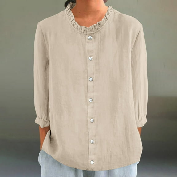Beige Women Shirts, Women'S Autumn Lapel Art Solid Color Round Neck Loose Pullover Top Casual Shirt T Shirt,Women Shirts M