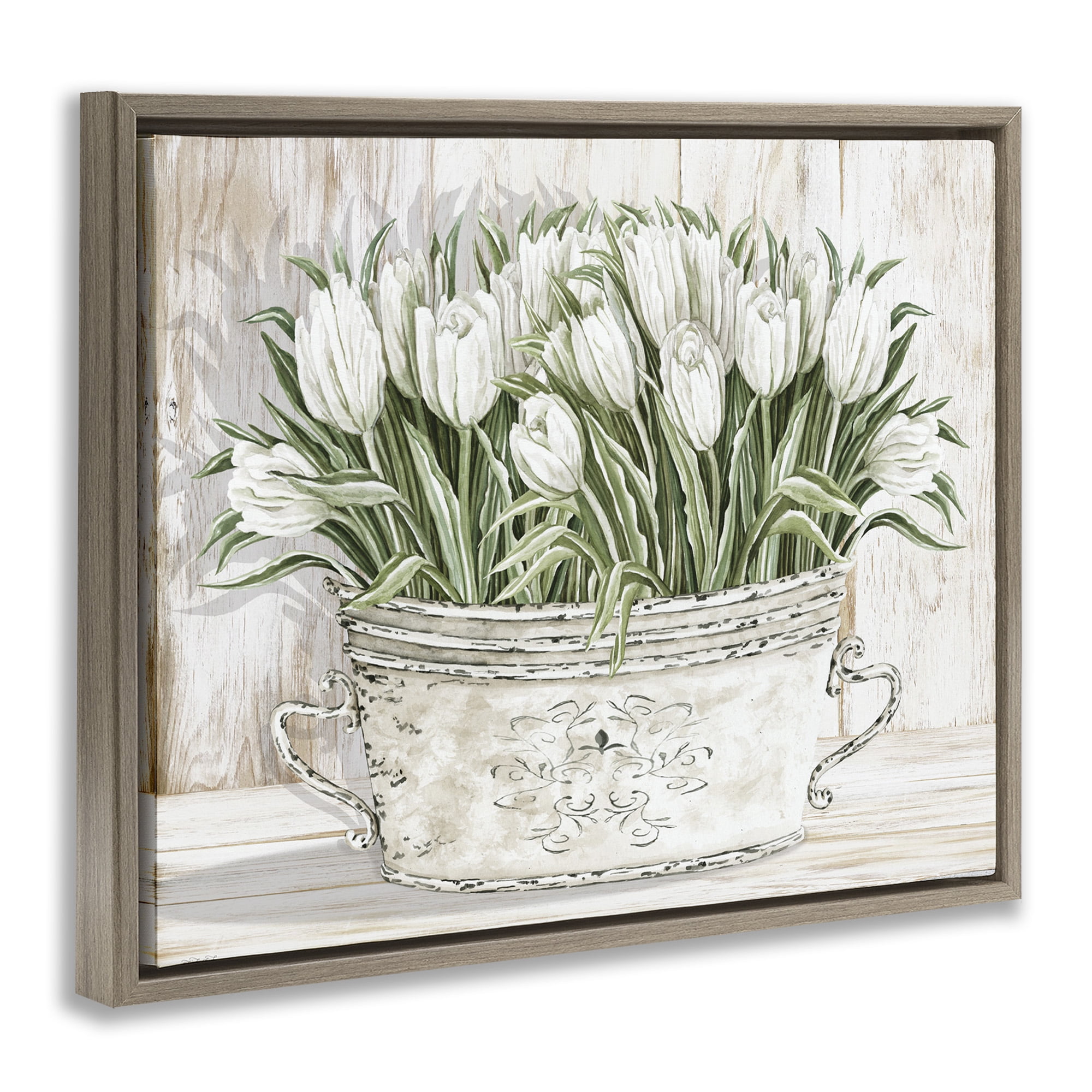 Stupell Industries Fresh White Tulip Flowers Vintage Botanical & Floral Painting Brown Floater Framed Canvas Art Print Wall Art, 31 x 25