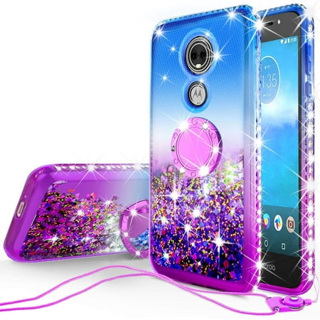 Moto E5 Play Case, Moto E5 Cruise/Motorola Moto E Play 5th Gen w/[Tempered Glass Screen Protector], Glitter Liquid Quicksand Waterfall Sparkle Diamond Cute Case - Blue/