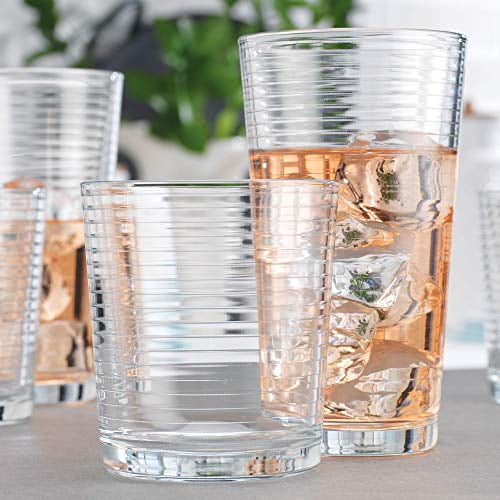Set of 16 Heavy Base Ribbed Durable Drinking Glasses Includes 8 Cooler