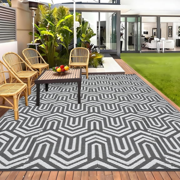 Reversible Outdoor Area Rug 9x12 Camping RV Rug Grey White | Waterproof Plastic Straw Patio Rug, Modern Geometric Lightweight Mat, Easy Clean for Deck, Balcony, Backyard