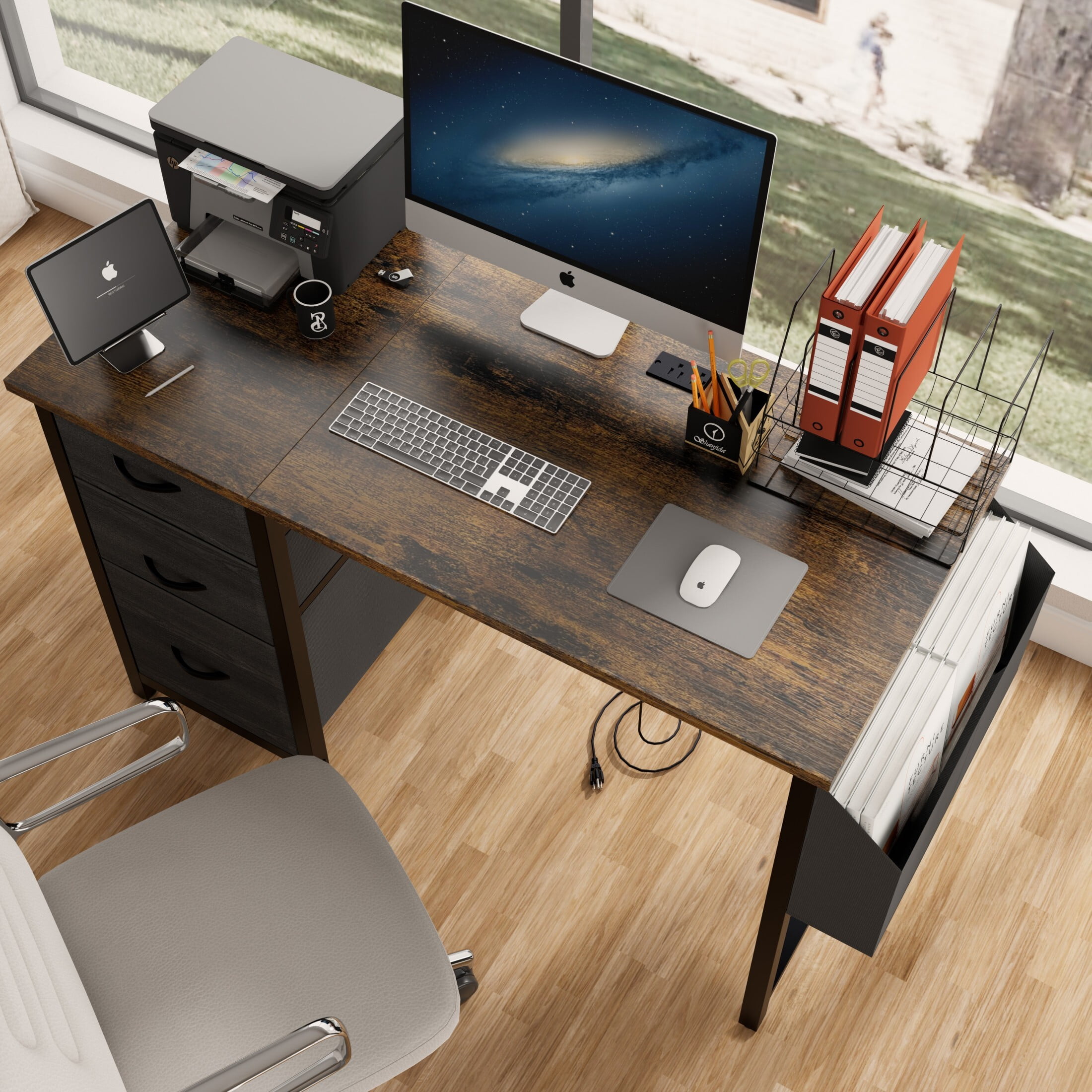 DEALTOPS Computer Desk with Power Outlets, Office desk with Reversible Fabric Drawers and Side Pocket, Rustic Brown