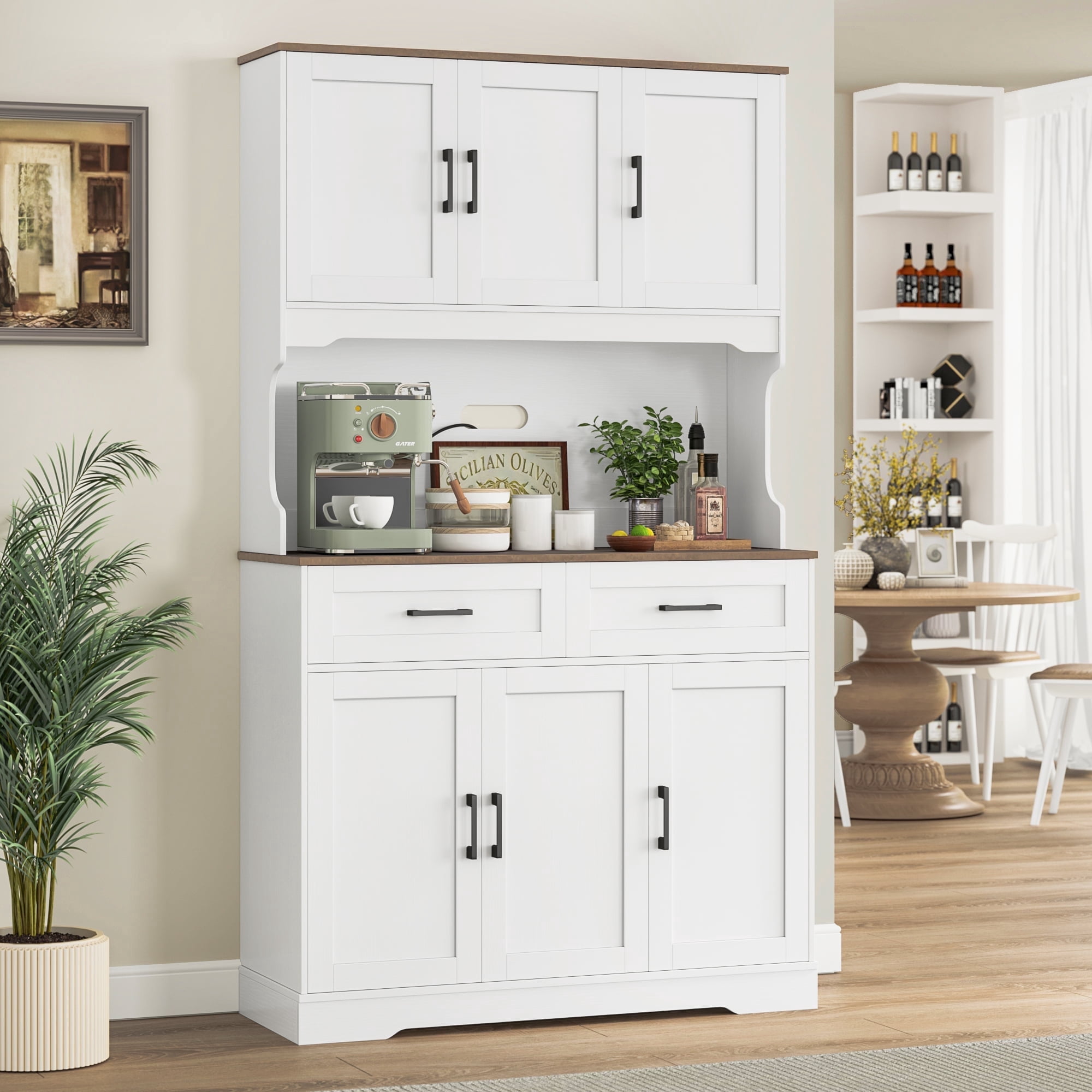 Homfa 74"H Pantry Cabinet with Hutch, Tall Kitchen Storage Cabinet with Microwave Stand and Drawers for Living Room, Dining Room, White