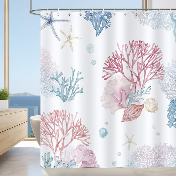 Nautical Coastal Shower Curtain, Pink Blue Coral Seashell Beach Bathroom Decor 72 x 72 Inch Polyester Fabric Waterproof Bath Curtain with 12 Hooks