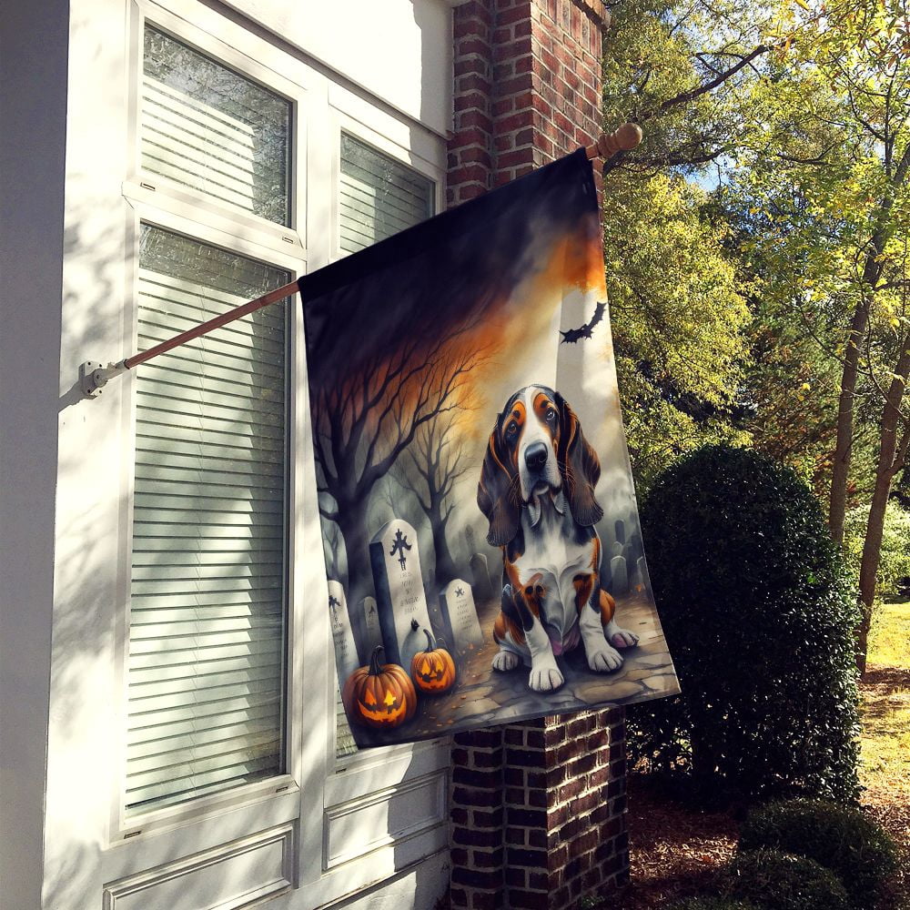 Halloween Basset Hound Dog House Flag 28x40IN Double-Sided Polyester Decorative Sleeve Pole Flag for Outdoor Home Garden