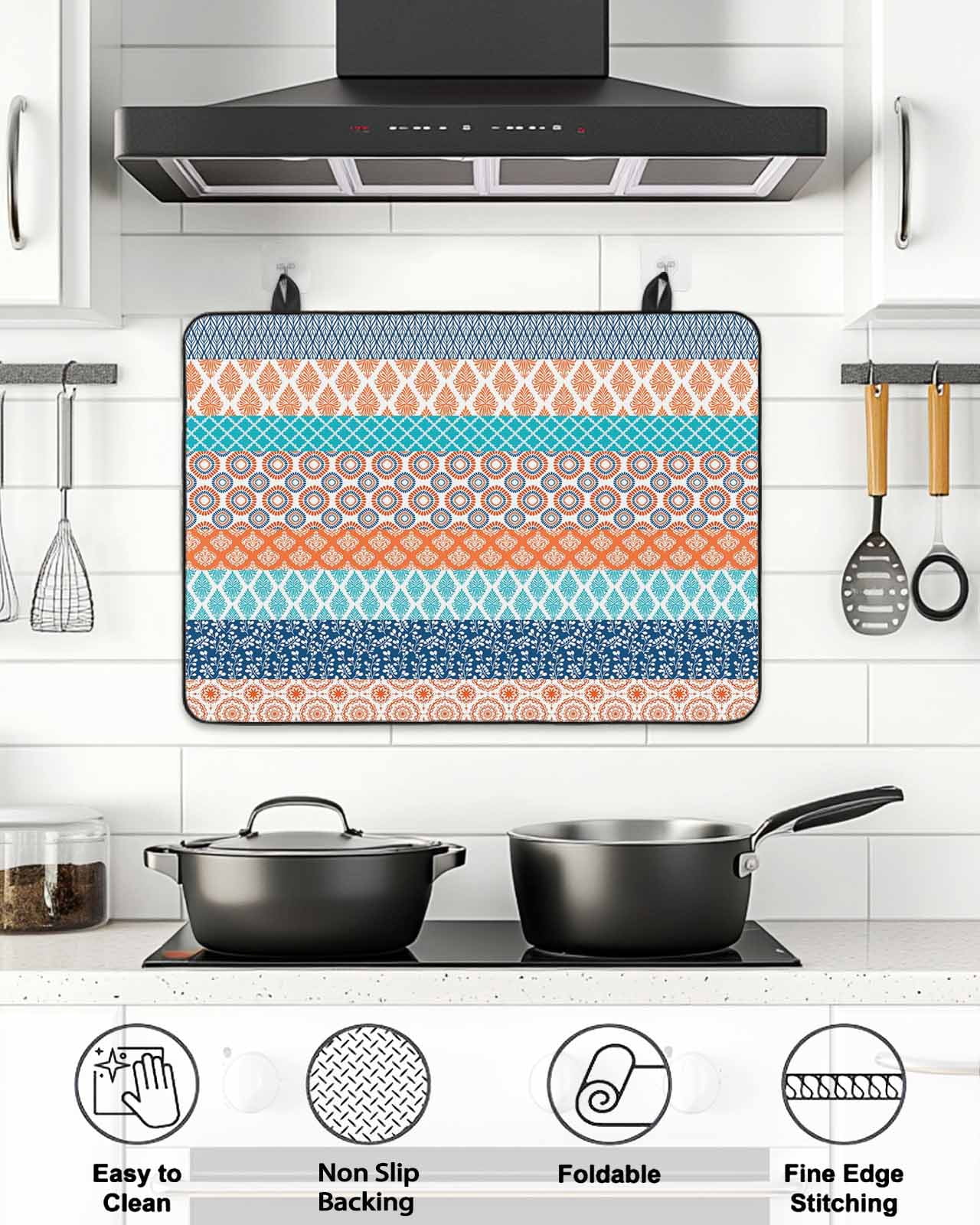 Stove Top Covers for Electric Stove, Teal Orange Striped Glass Stovetop Cover Protector, Boho Modern Geometric Abstract Art Induction Cooktop Protector Oven Mat for Kitchen Countertop 24"x21"