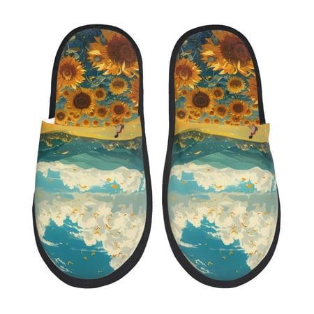 

Noikeo Field Style Bicycle Young Sunflower Pattern Cozy Slippers Indoor for Women and Mens Fuzzy House Shoes Soft Plush Warm Slip-on Slippers-Medium