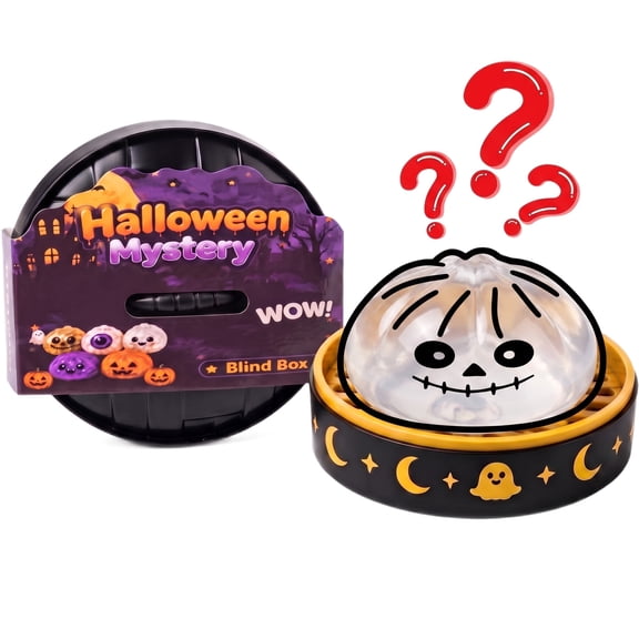 HZYZ 3.35" Giant Dumpling Squishy Mystery Box, Halloween Mystery Squishy Dumplings, Glitter Stress Relief Squeeze Balls with Steamer Box, Mystery Surprise Fidget Halloween Toys for Kids, Random