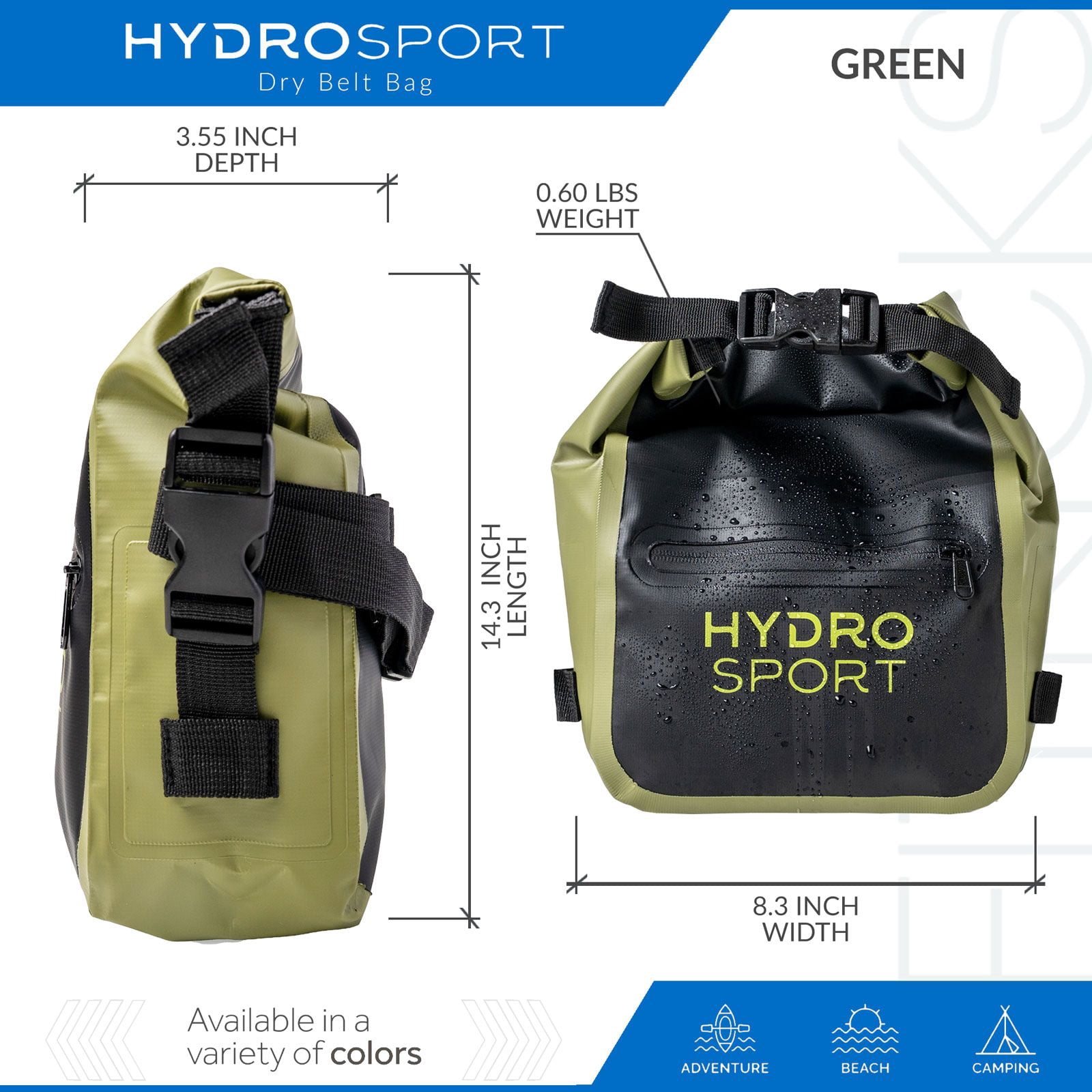 FITKICKS HydroSport Dry Belt Bag Waterproof Waist Pack with Adjustable Strap - Green