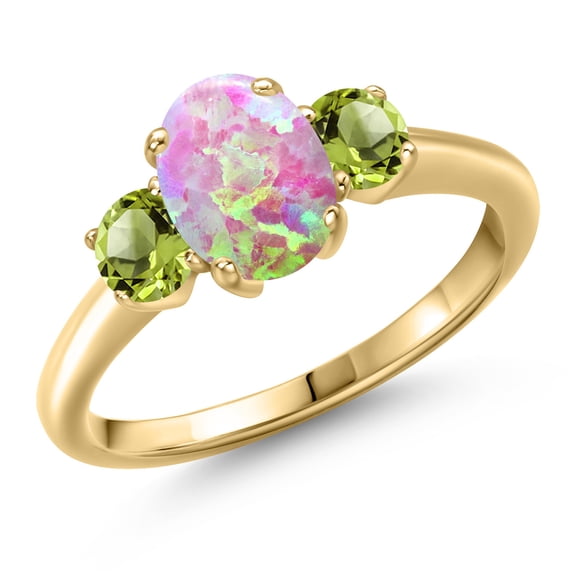 Gem Stone King 10K Yellow Gold Simulated Pink Opal and Green Peridot Engagement Ring for Women | 1.65 Cttw | Oval Cabochon 8X6MM | Gemstone October Birthstone | Size 7