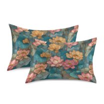 Yayeee Pillowcase King Size Set of 2 Satin Wrinkle Resistant Envelope Pillow Case, Pink Water Lilies Pattern