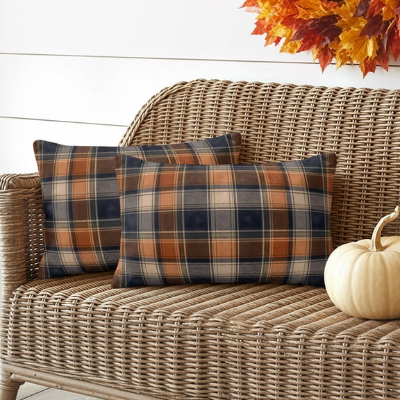 Orange Blue Plaid Lumbar Pillow Covers 20x12 Inch Set of 2, Farmhouse Checkered Buffalo Fall Waterproof Outdoor Pillow Covers, Decorative Cushion Pillowcases for Couch, Sofa, Bed, Garden, Patio