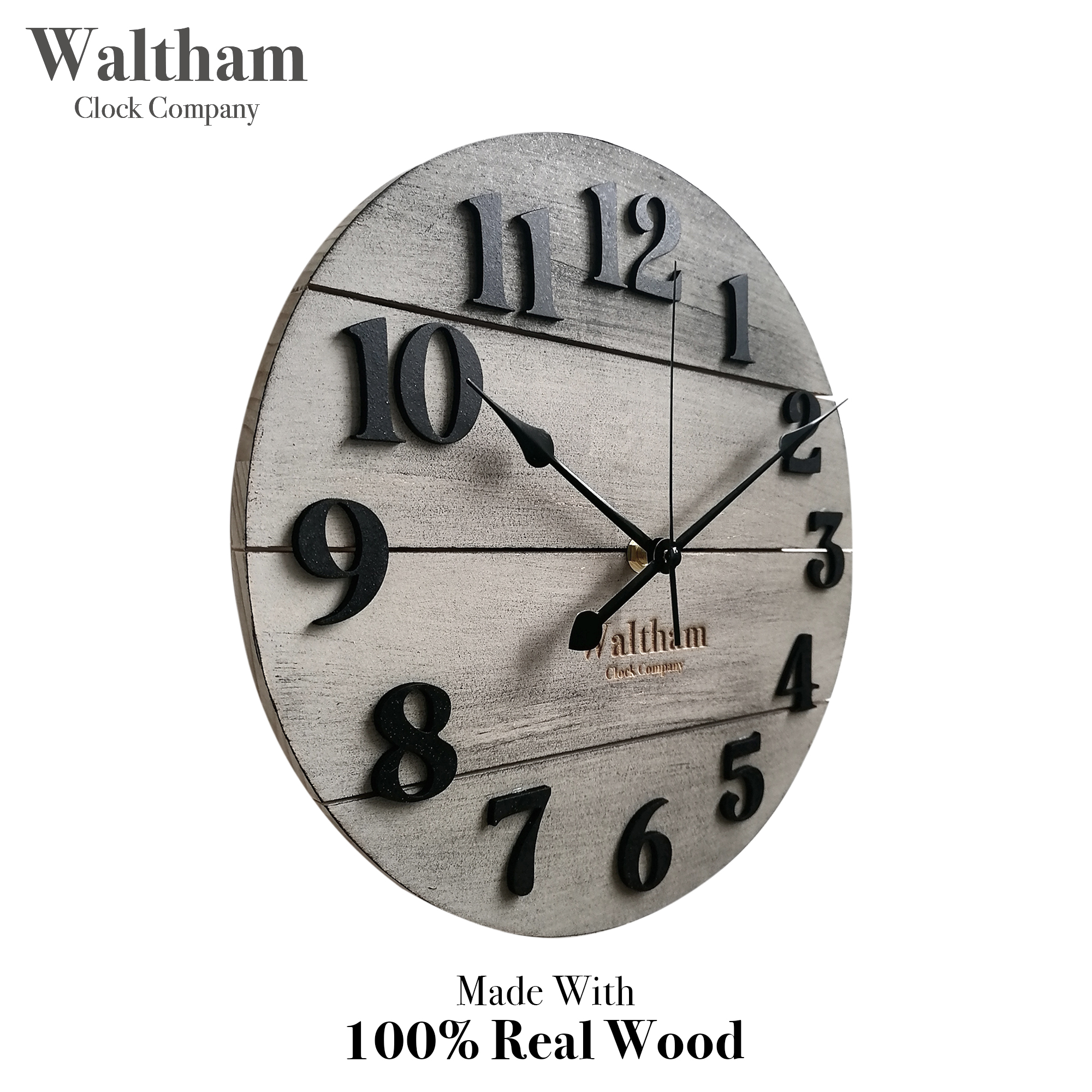 Waltham Real Wood Wall Clock, 12 inch, Battery Operated, Grey Finish - Made from Real Wood – not Particle Board or MDF- 100% Real Wood!