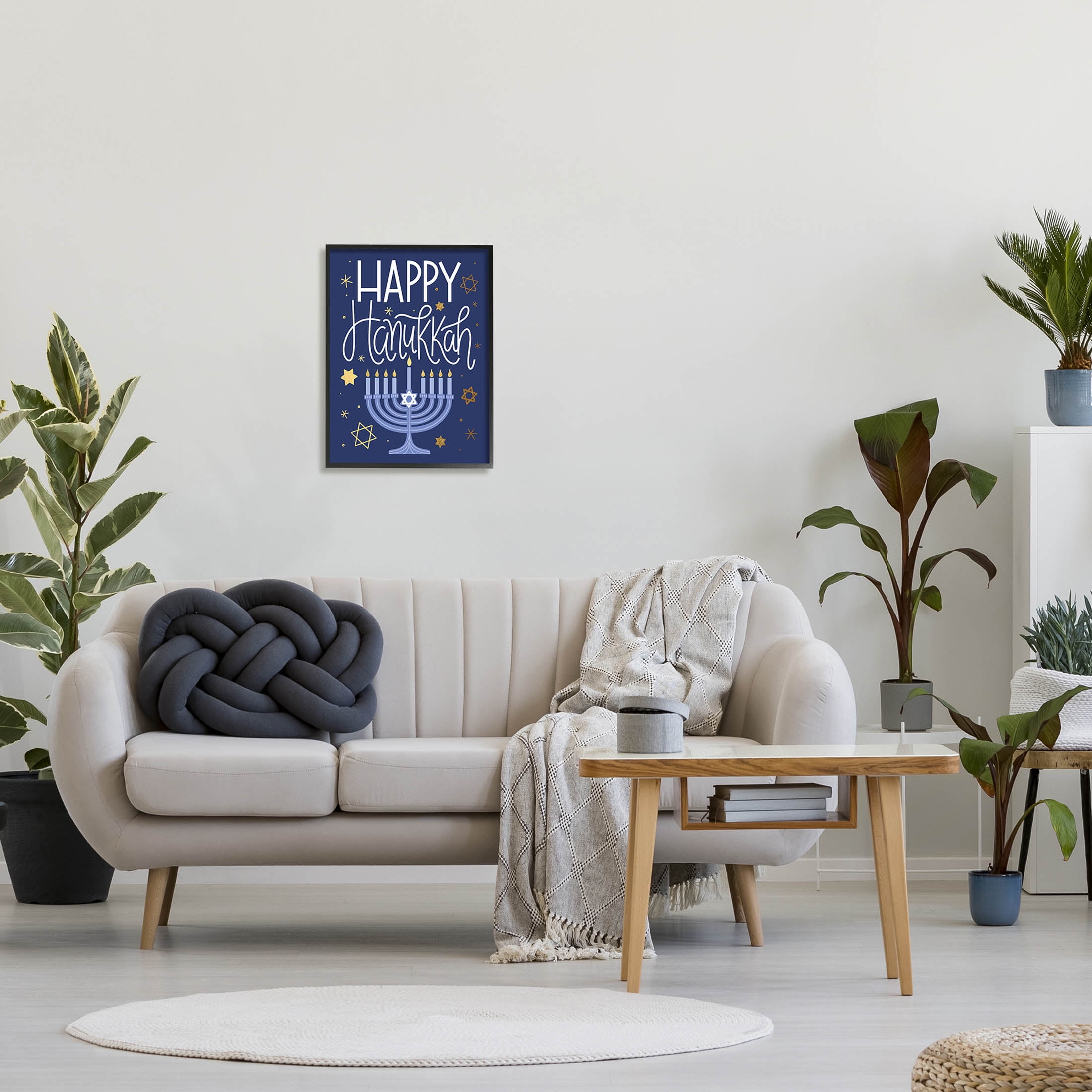 Happy Hanukkah Blue Menorah Pattern Holiday Graphic Art Black Framed Art Print Wall Art