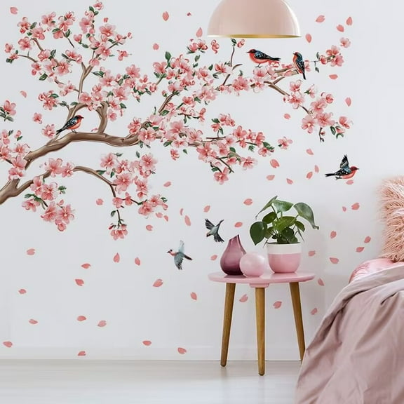 Large Pink Flower Tree Branch Wall Decals Cherry Blossom Tree Floral Birds Wall Stickers DIY Peel and Stick Art Decals Baby Nursery Kids Bedroom Toddler Room Wall Decor