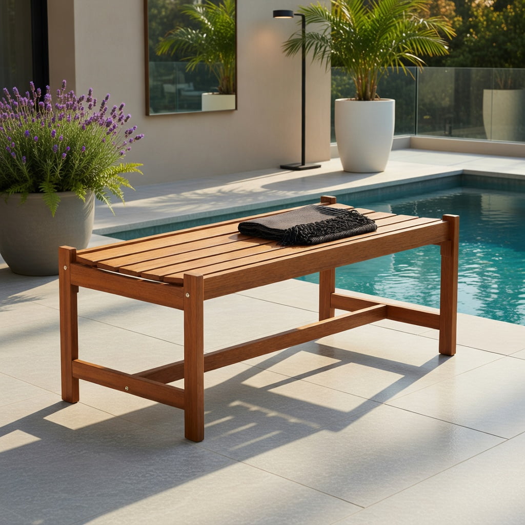 Hommoo 44" Outdoor Hardwood Patio Bench Set of 2, Teak Oil Finished Solid Teak-Look Dining Benches for Garden, Deck & Entryway, Ergonomic Slatted Design, Natural