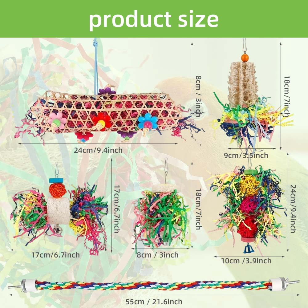 6 Pack Bird Chewing Toys Foraging Shredder Toy Parrot Cage Bird Loofah Hanging Toy for Cockatiel Conure