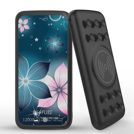 

INFUZE Qi Wireless Portable Charger for Samsung Galaxy A52 5G External Battery (12000 mAh 18W Power Delivery USB-C/USB-A 3.0 Ports Suction Cups) with Touch Tool - Midnight Flowers
