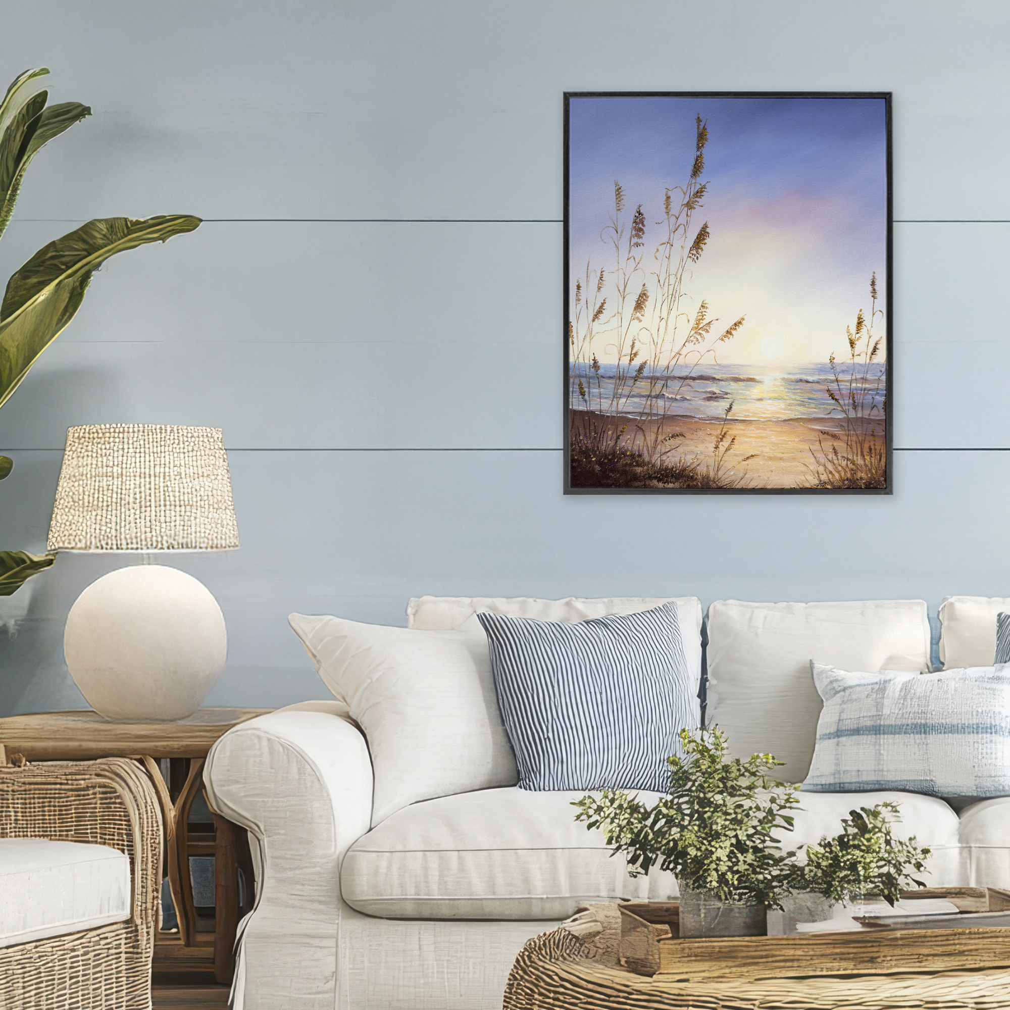 Seascape with Sunlit Grasses Black Framed Giclee Art, design by Michelle Faber