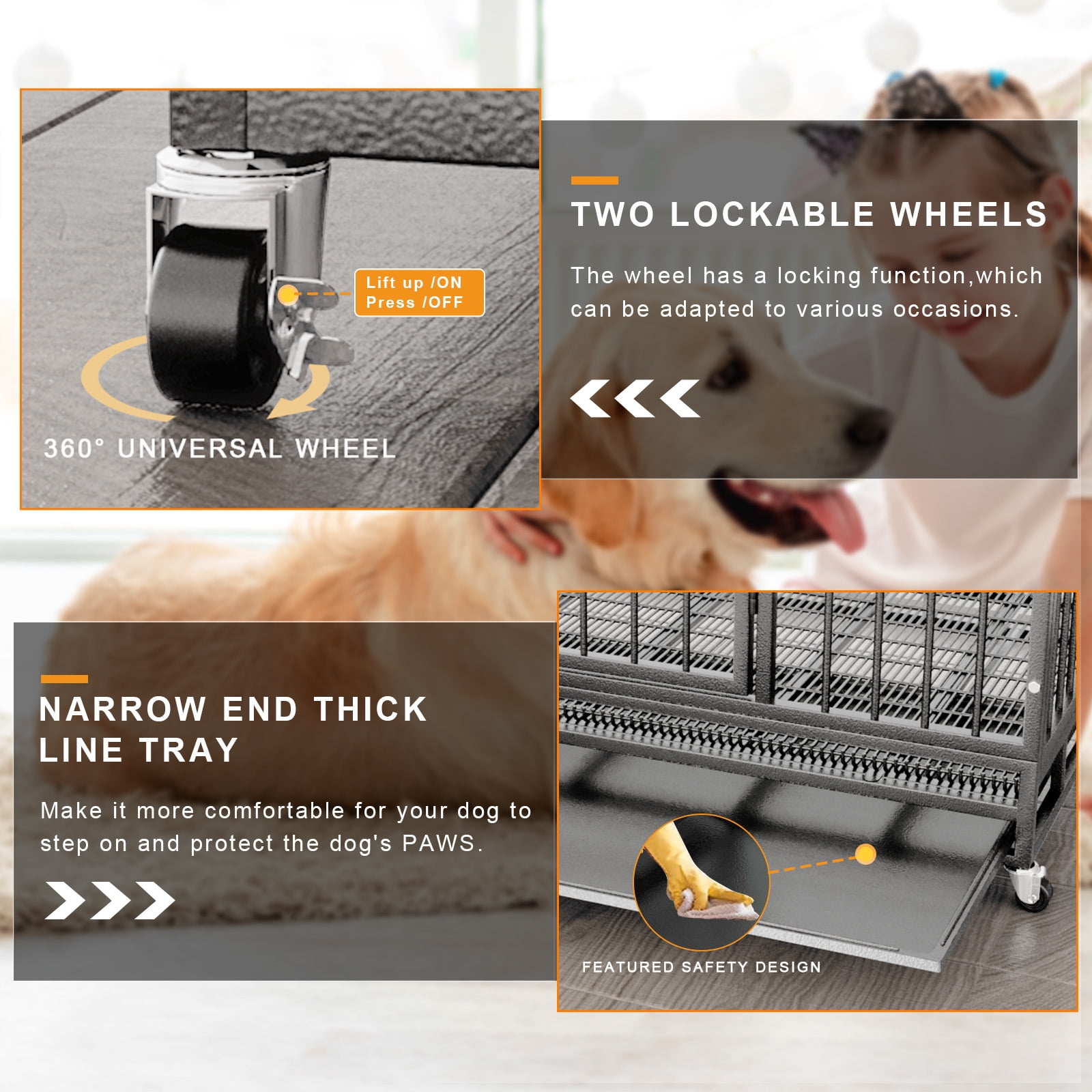 Waleaf 38 Inch Heavy Duty Dog Crate Cage with Wheels for Indoor, Large Dog Kennel with Removable Tray