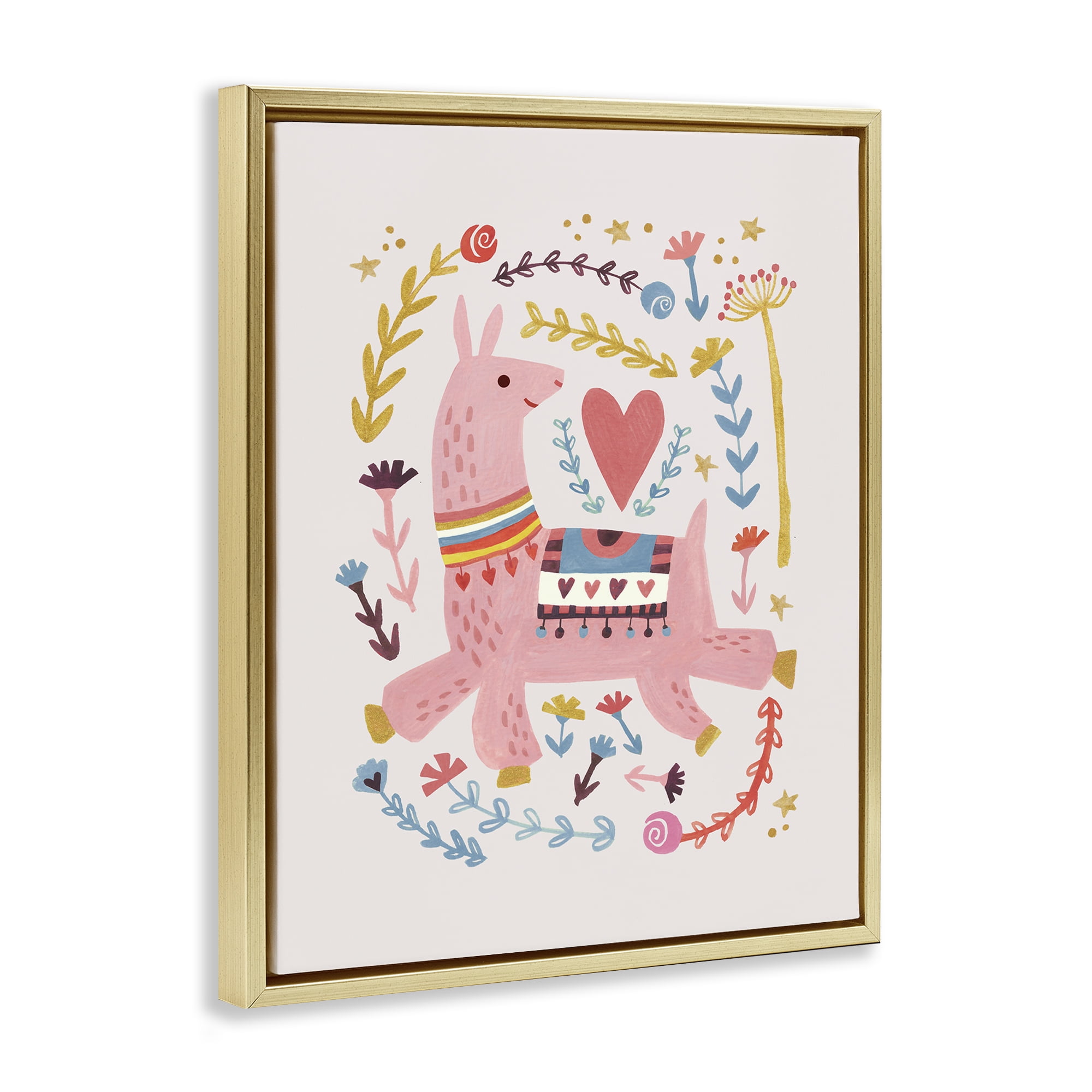 Stupell Industries Pink Llama with Florals Animals Painting Gold Floater Framed Canvas Art Print Wall Art, 25 x 31